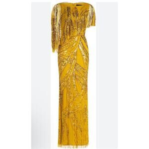 Theia Ayla Beaded Shawl Gown Cape Sleeve Gold/Bronze Size 2 NWT